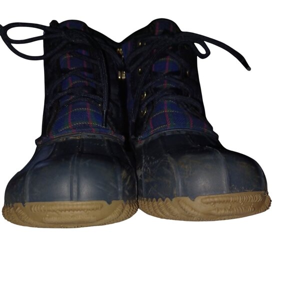 Tommy Hilfiger Womens Size 7 Navy Plaid Rain Duck Booties Textile Lace Up Shoes - Picture 4 of 11